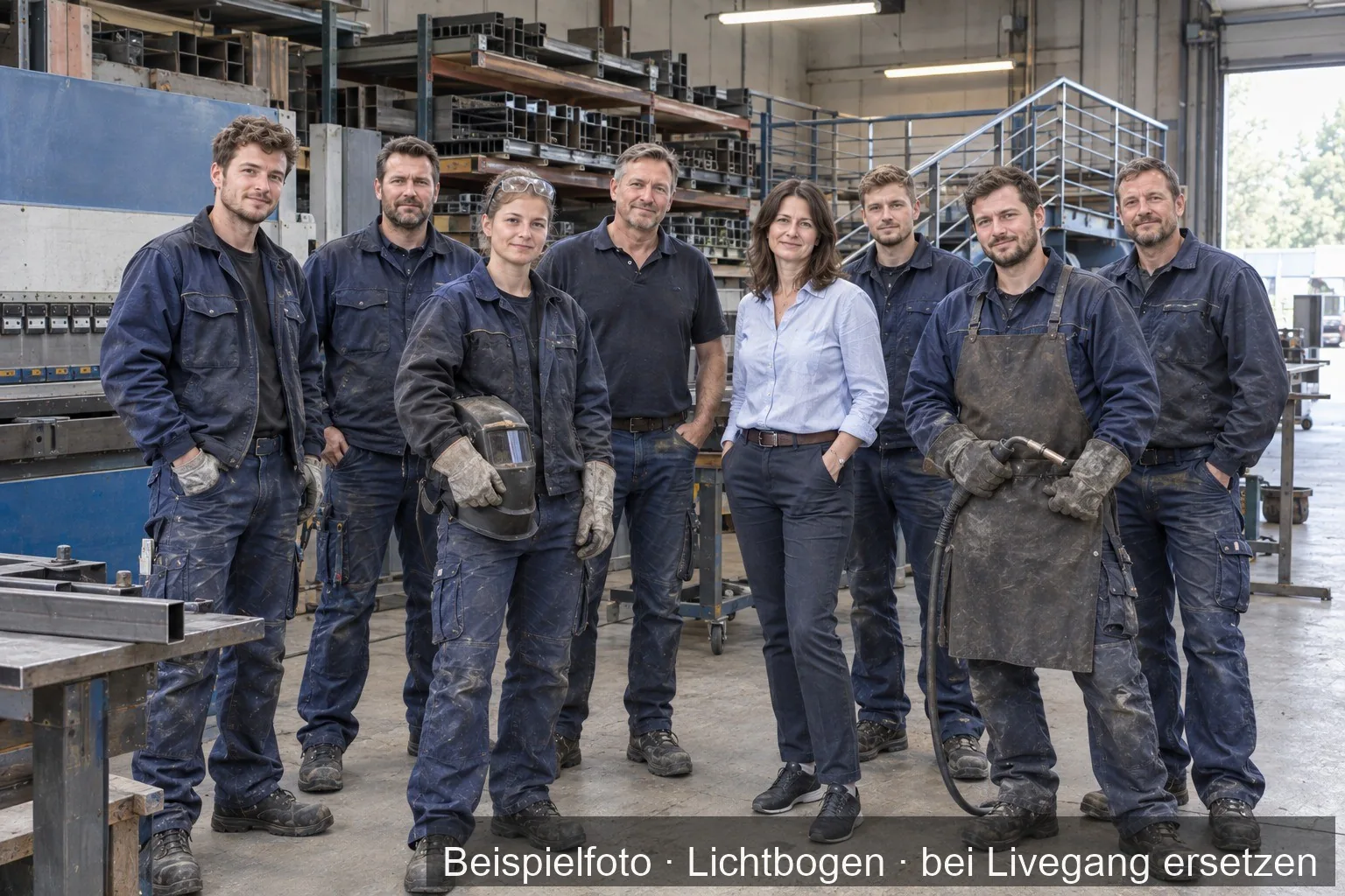 Mehrere Mitarbeiterinnen und Mitarbeiter in Arbeitskleidung stehen zusammen in einer Werkhalle.