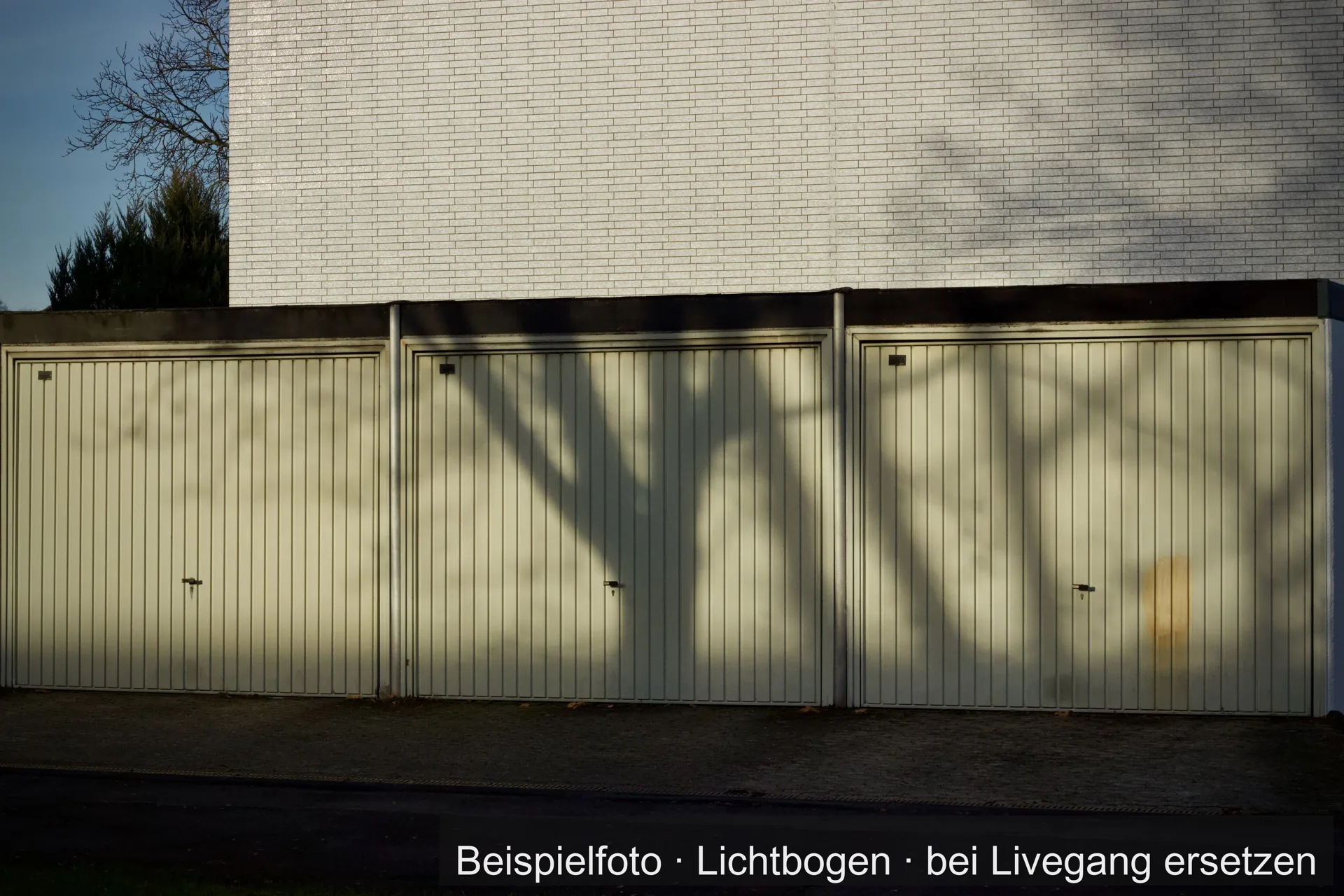 Reihe heller Garagentore, auf die ein Baum seinen Schatten wirft.
